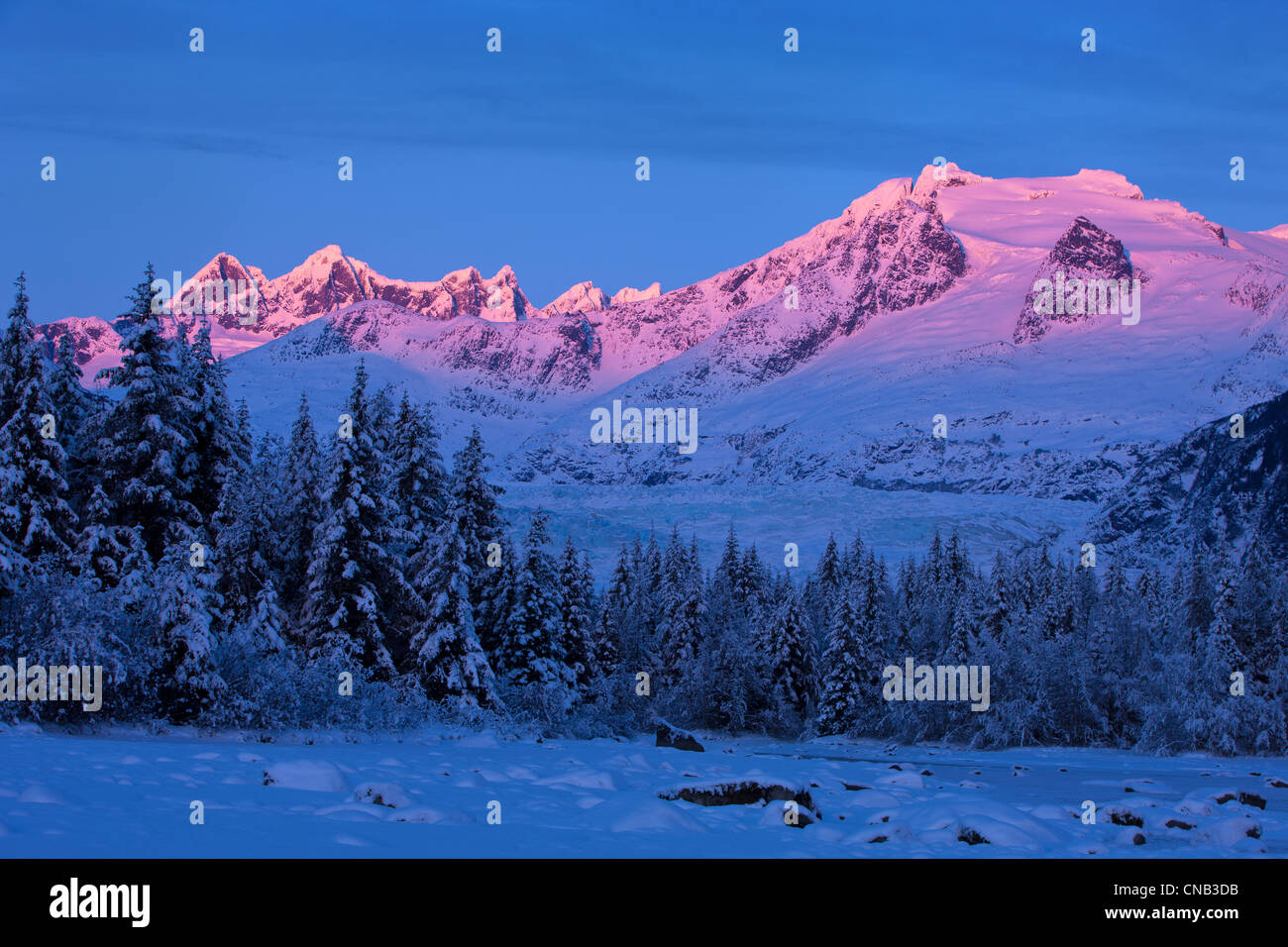 Vue panoramique de l'alpenglow sur la chaîne Côtière au-dessus du glacier de Mendenhall, la Forêt Nationale Tongass, sud-est de l'Alaska, Winter Banque D'Images