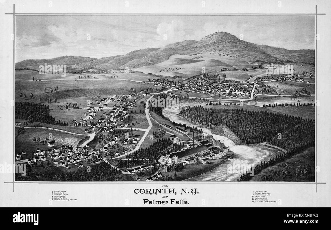 1888 Corinthe, N.Y. et Palmer tombe la carte et vue aérienne Banque D'Images