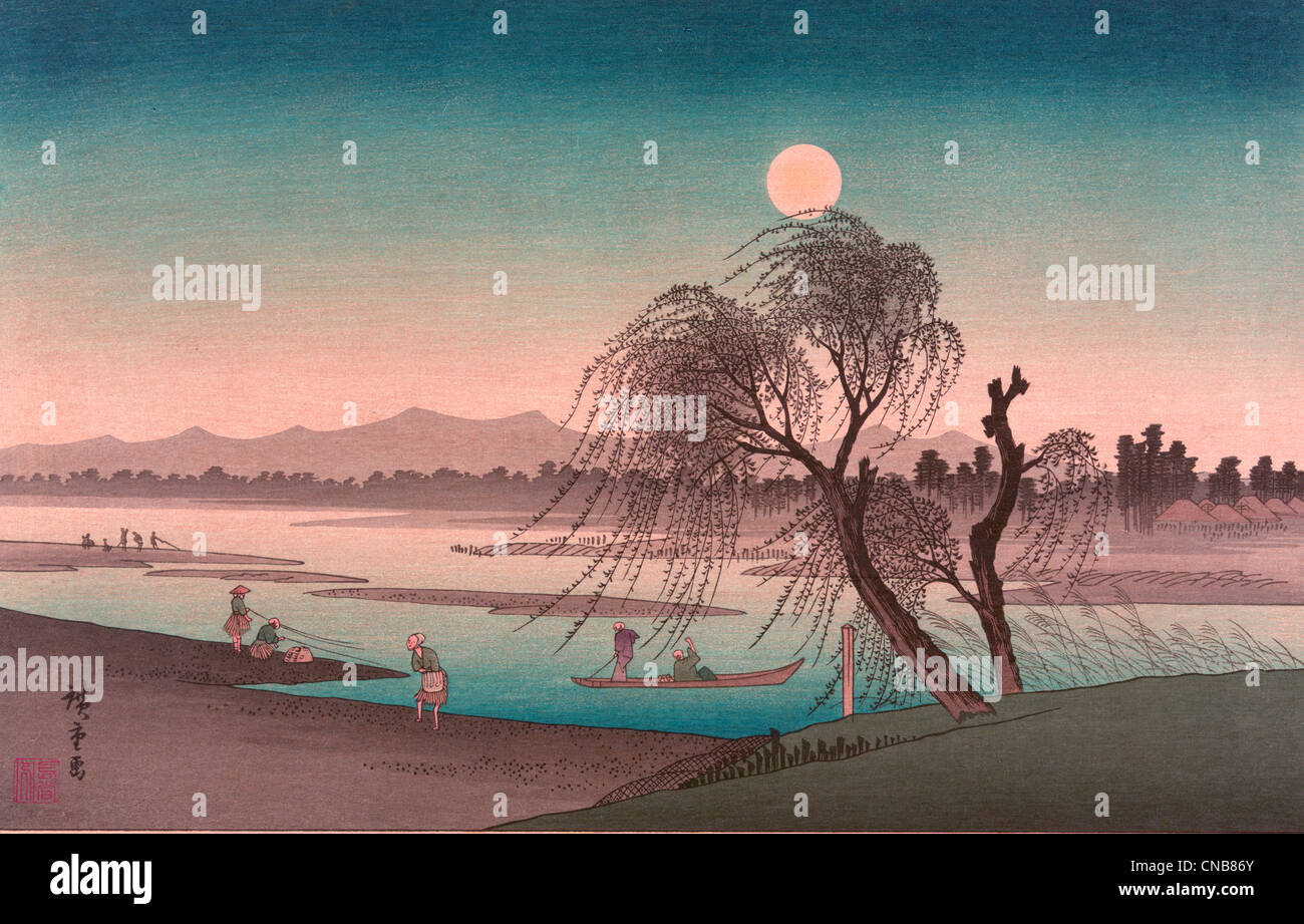 - Fūkeiga Imprimer montre une scène de lune le long d'une rivière avec les pêcheurs, dans des bateaux, et marcher le long de la côte, vers 1875 Banque D'Images
