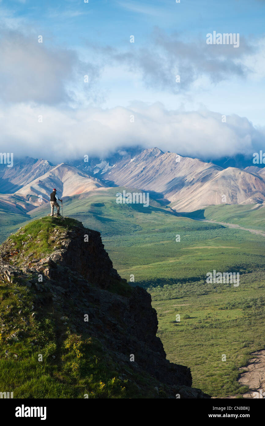 L'homme principal se trouve sur un affleurement rocheux au Col Polychrome avec de l'Alaska dans l'arrière-plan, le Parc National Denali et préserver Banque D'Images