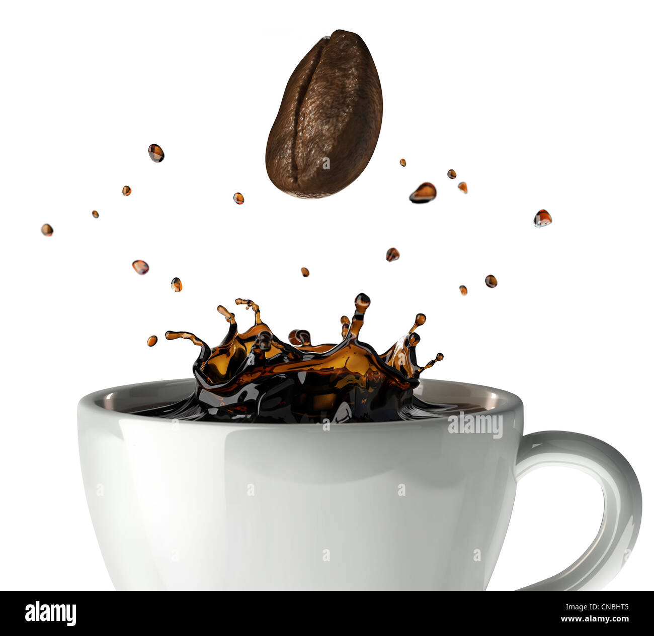 La couronne café splash en tasse. Vue en gros plan, avec un bean tomber vers le bas. Sur fond blanc Banque D'Images