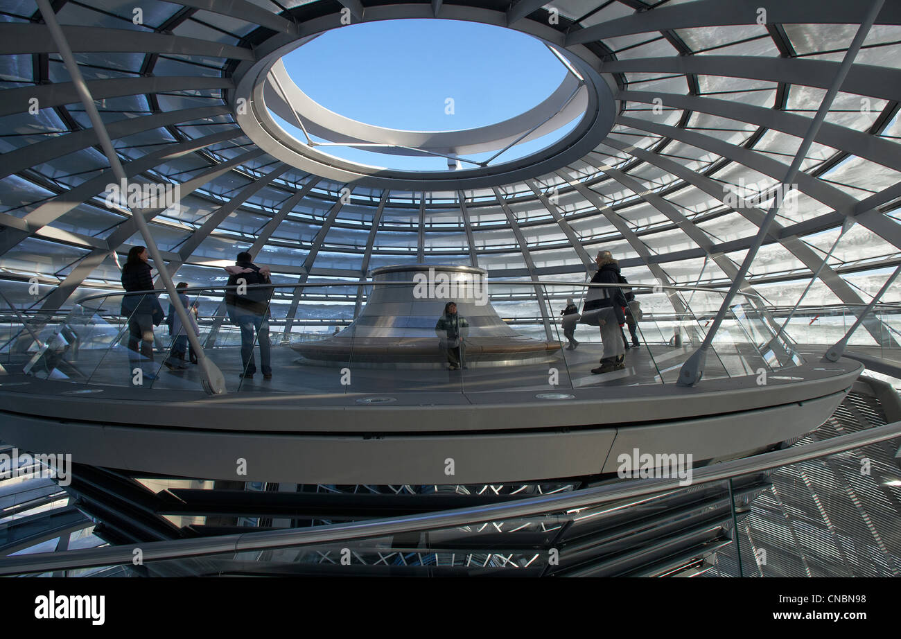 Les touristes sur une plate-forme d'accueil sous la coupole du Reichstag, Berlin, Allemagne Banque D'Images