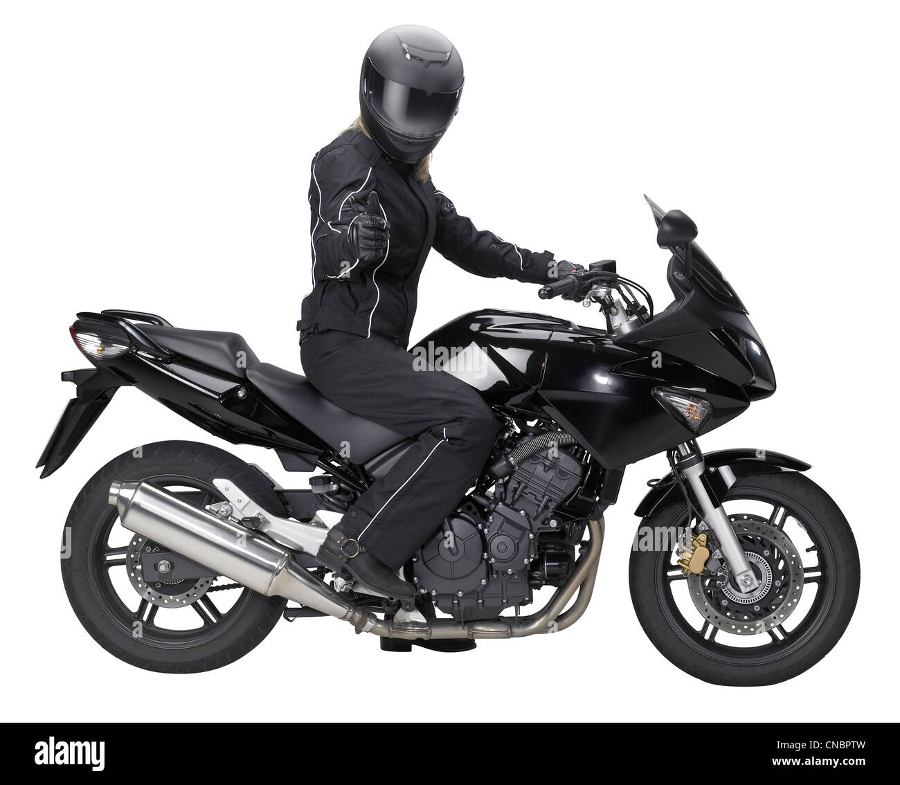 Une moto avec biker dans blanc retour Banque D'Images
