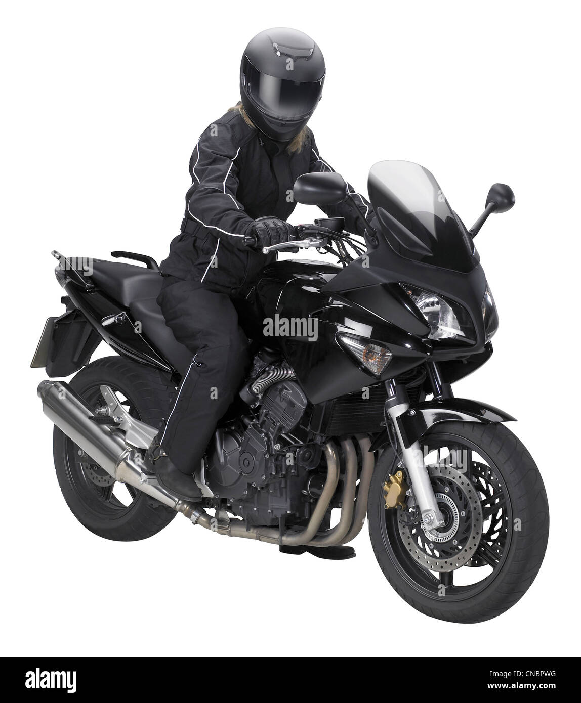 Une moto avec biker dans blanc retour Banque D'Images