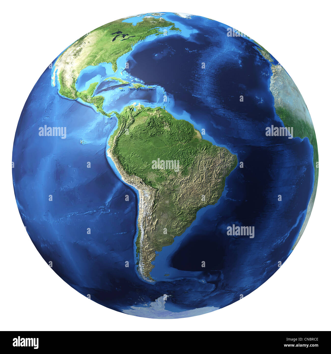 Globe de la terre, réaliste 3 D'équarrissage. L'Amérique du Sud. Sur fond blanc. Banque D'Images