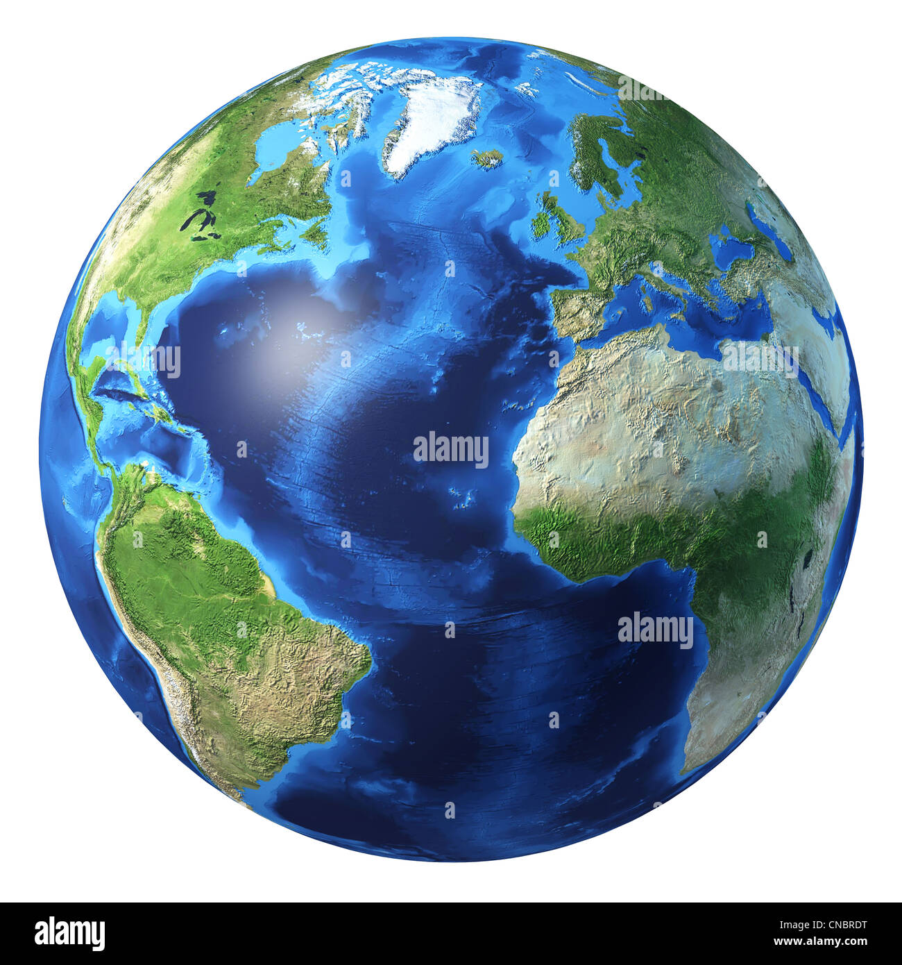 Globe de la terre, réaliste 3 D'équarrissage. Vue sur l'océan Atlantique. Sur fond blanc. Banque D'Images
