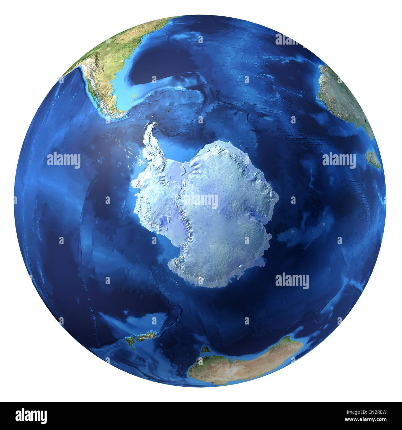 Globe de la terre, réaliste 3 D'équarrissage. Antarctique (pôle sud). Sur fond blanc. La masse sous-marine avec des reliefs. Banque D'Images
