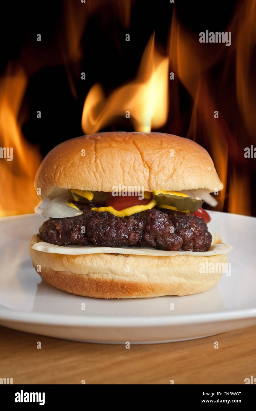 Un burger fromage maison sur un petit pain de pommes de terre plus isolés un arrière-plan de feu et flammes. Banque D'Images