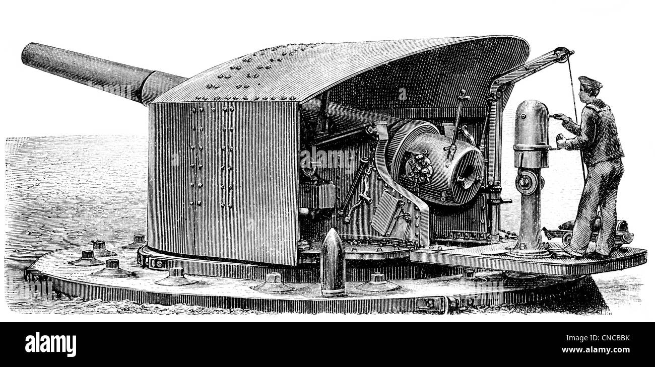 Illustration historique du 19ème siècle, l'inscription d'un canon allemand Krupp de Banque D'Images