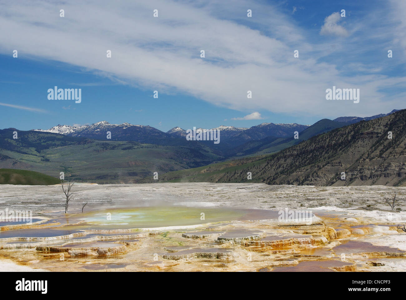 Terrasses de mammouth, vallées et montagnes, le Parc National de Yellowstone, Wyoming Banque D'Images