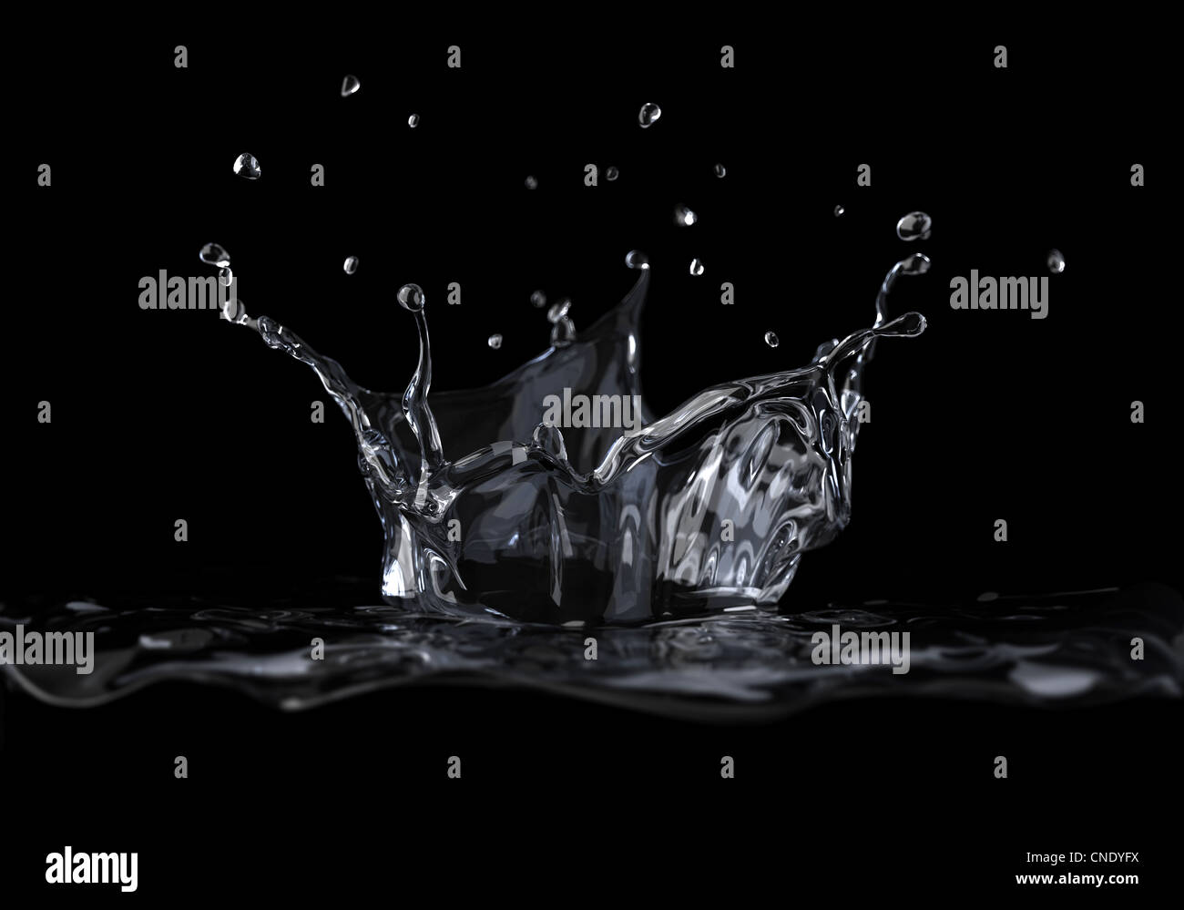 La couronne de l'eau splash vue d'un côté, sur fond noir, avec la profondeur de champ. 3 D digital le rendu. Banque D'Images