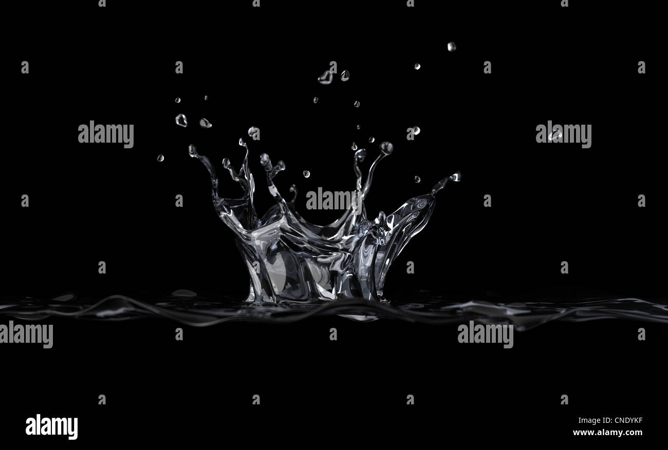 La couronne de l'eau splash vue d'un côté, sur fond noir, avec la profondeur de champ. 3 D digital le rendu. Banque D'Images