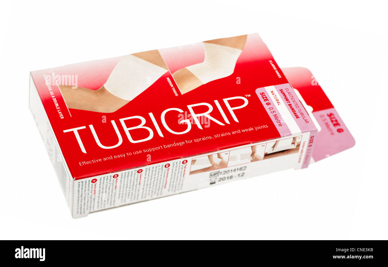 Support élastique tubulaire Tubigrip en boîte pour les genoux. Banque D'Images