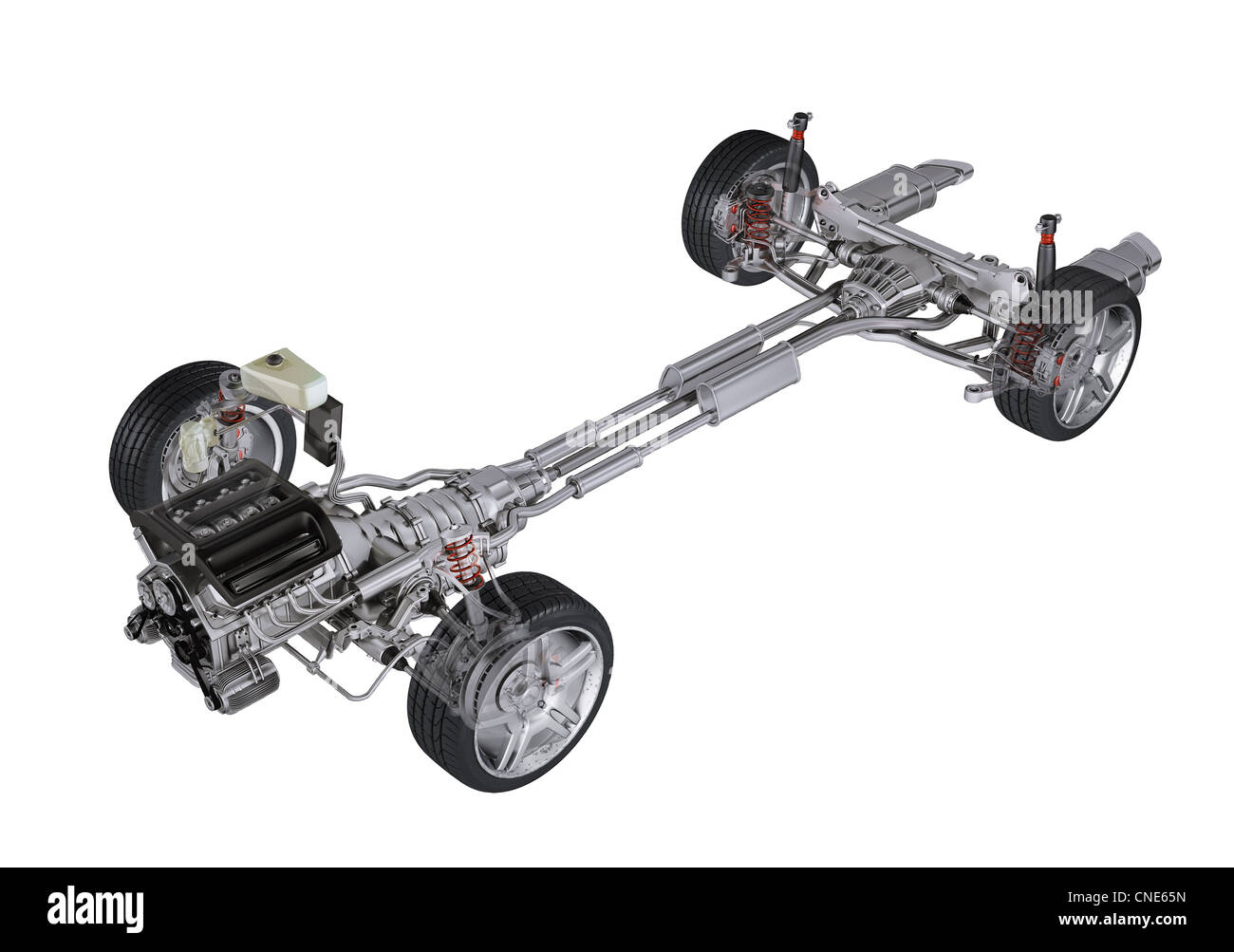 Sous chariot technique 3 D, d'une berline générique voiture contemporaine. Vue en perspective sur fond blanc, avec l'écrêtage Banque D'Images