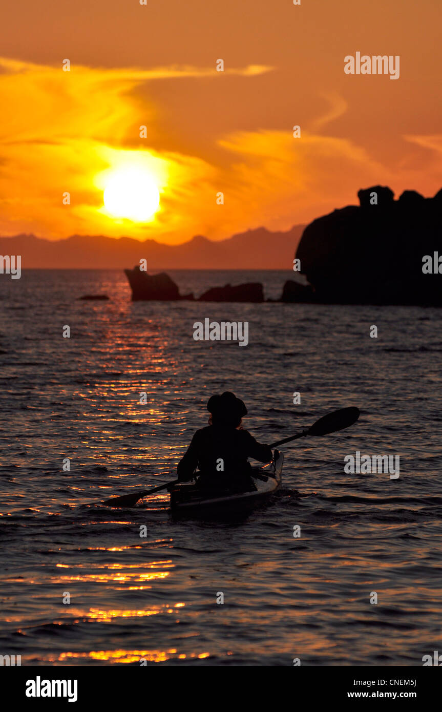 Kayak de mer au coucher du soleil, l'Isla Espiritu Santo, Baja California, au Mexique. Banque D'Images