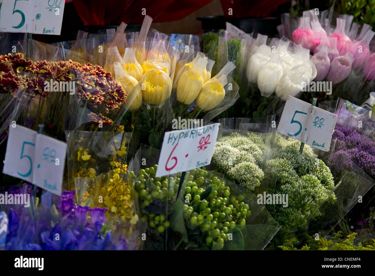 Pour la vente de fleurs, bouquets de fleurs sur le stand de fleurs Banque D'Images