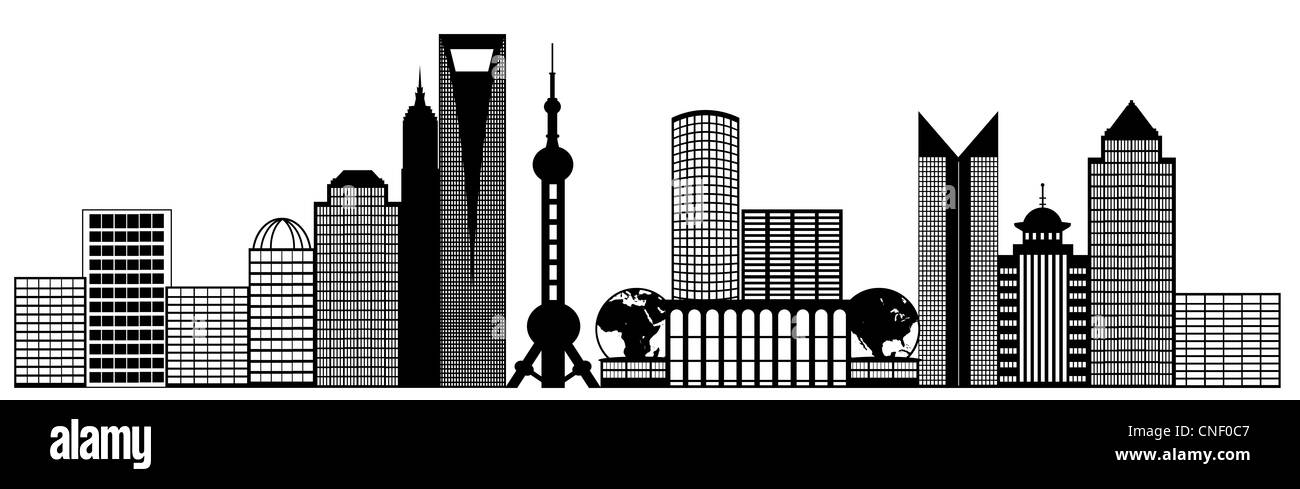 Chine Shanghai Pudong City Skyline Panorama noir et blanc Clip Art Illustration Silhouette Banque D'Images