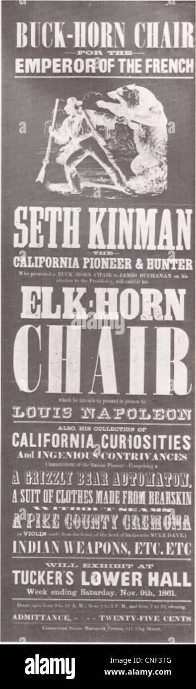 Publicité pour le 9 novembre 1861 exposition, vraisemblablement dans un journal de San Francisco, par Seth Kinman (ad et d'exposition) Banque D'Images