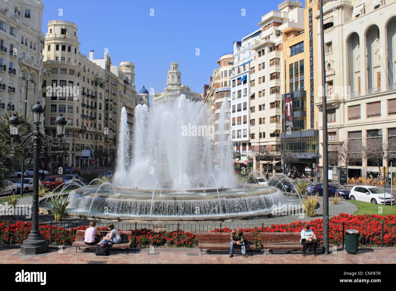 La fontaine de la Plaza de la Reina Valencia Espagne Banque D'Images