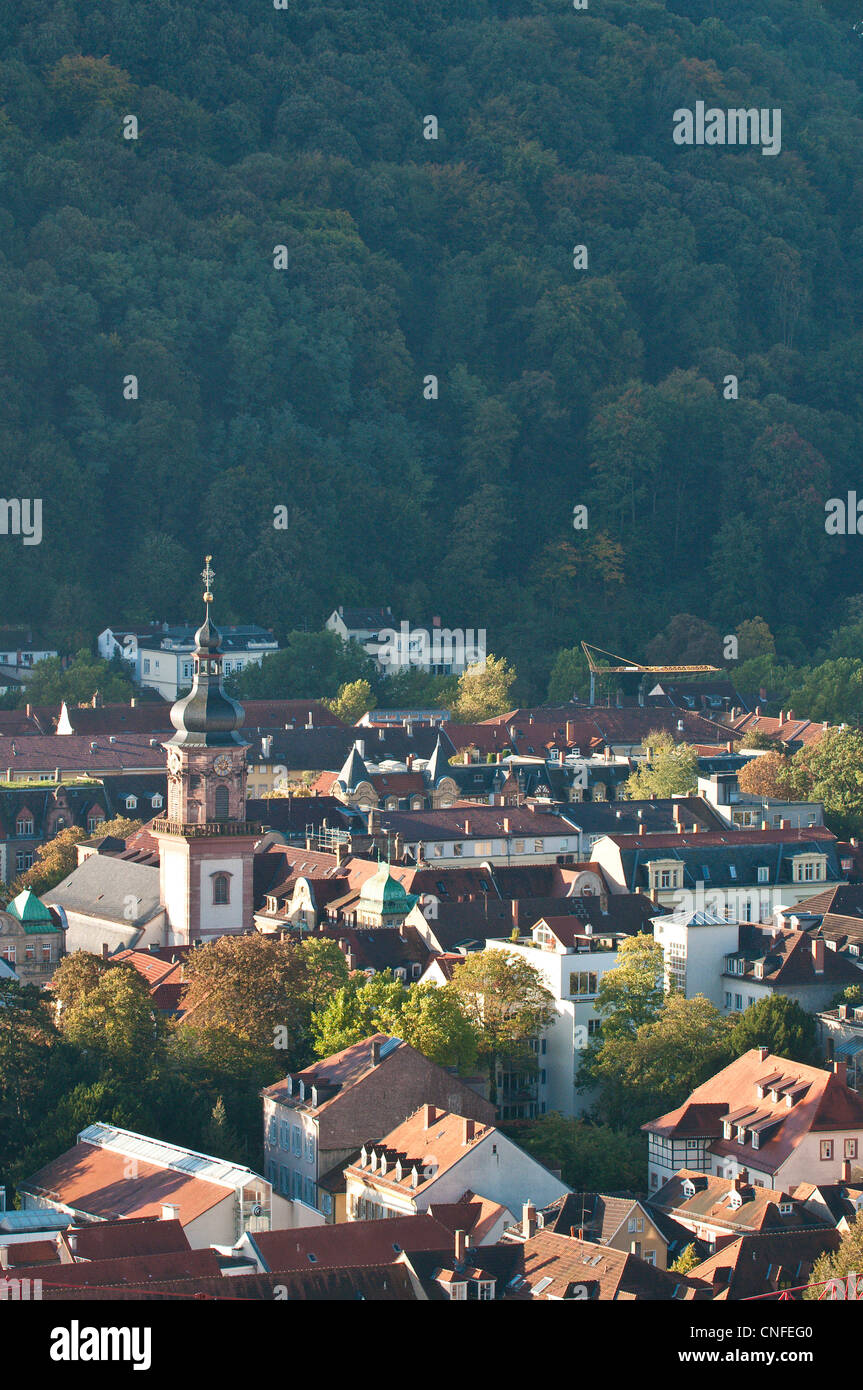 Vue de la vieille ville de Heidelberg avec église de la Providence de la Philosophenweg, Heidelberg, Allemagne. Banque D'Images