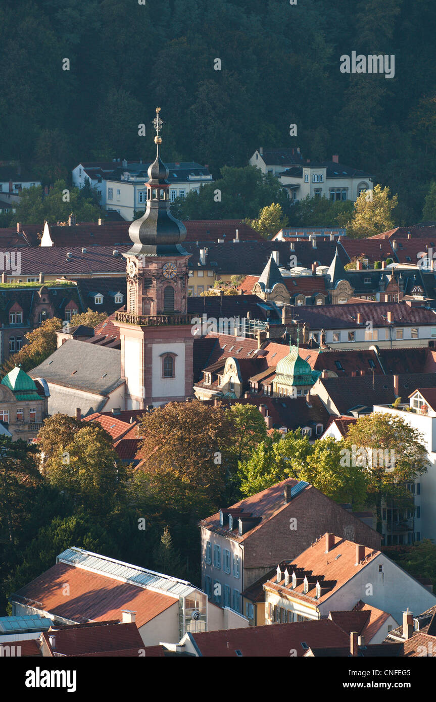 Vue de la vieille ville de Heidelberg avec église de la Providence de la Philosophenweg, Heidelberg, Allemagne. Banque D'Images