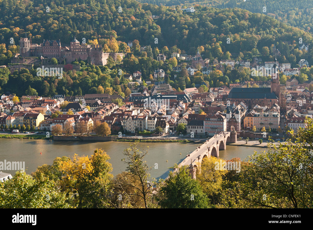 Vue de l'Alte Brucke ou Vieux Pont, Rivière Neckar Château d'Heidelberg et la vieille ville de l'Philosophenweg, Heidelberg, Allemagne. Banque D'Images