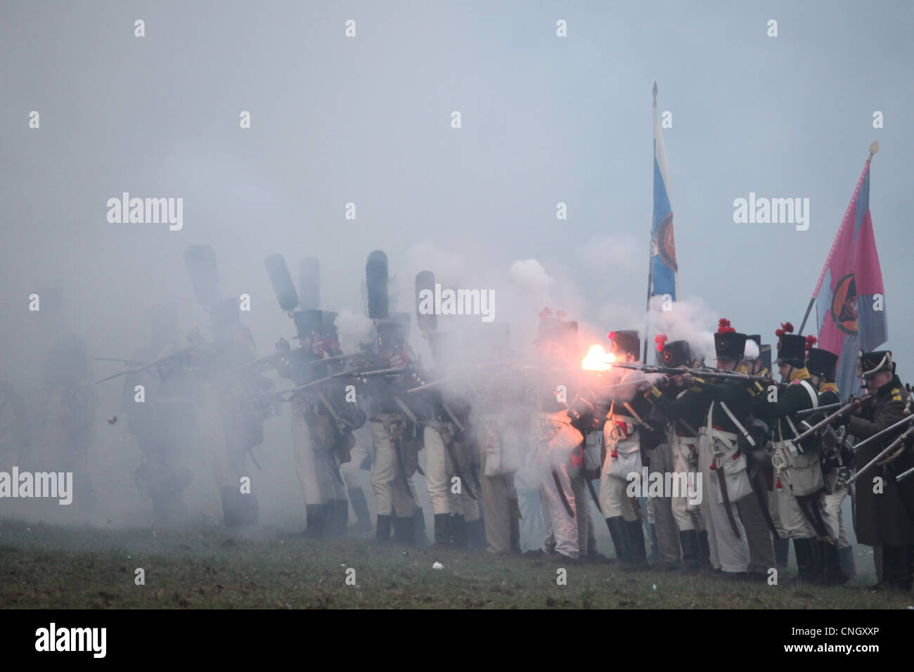 Les troupes russes. Reconstitution de la bataille d'Austerlitz (1805) à la colline de Santon près du village de Tvarozna, République tchèque. Banque D'Images