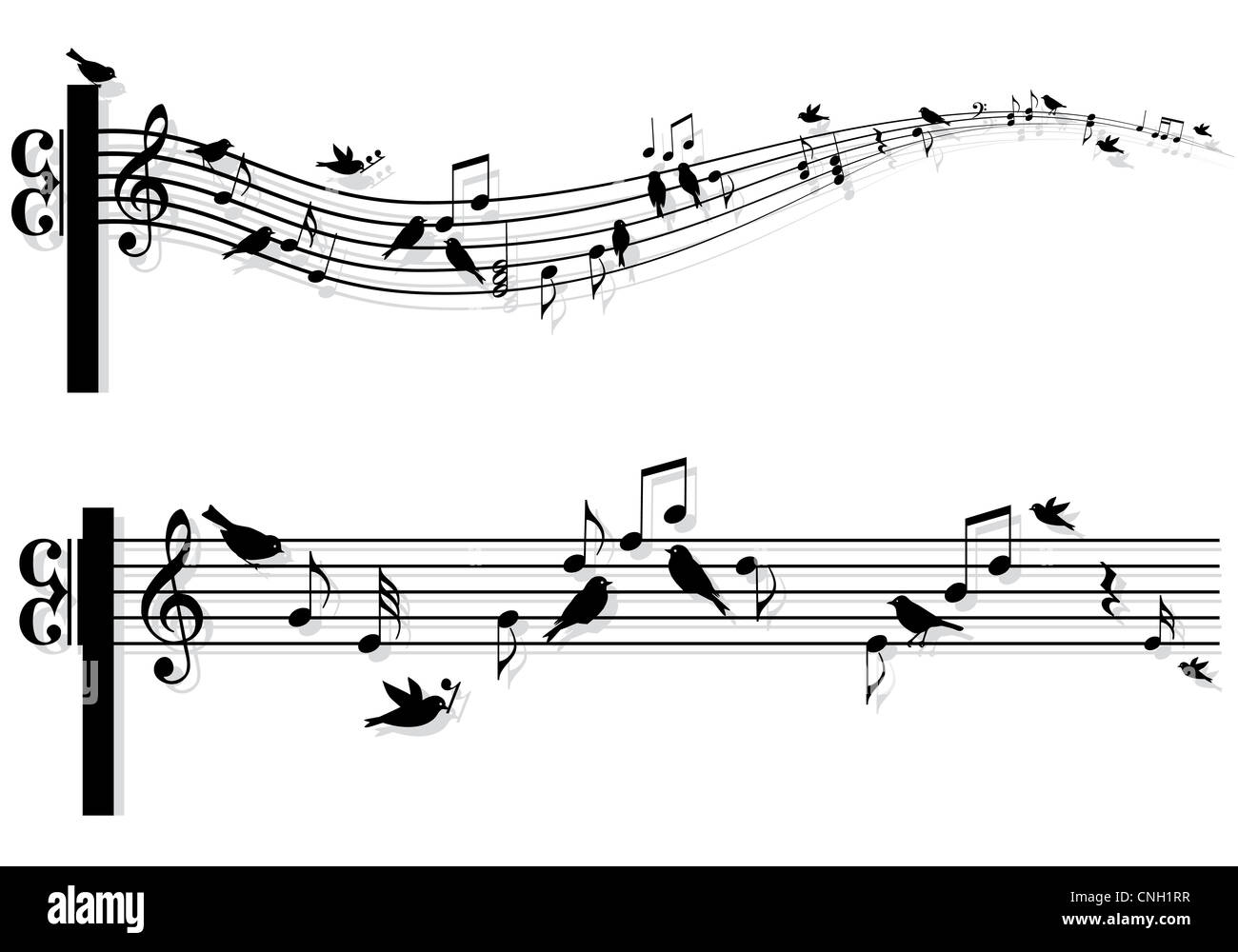 Notes de musique avec des chants d'oiseaux, vector background Banque D'Images