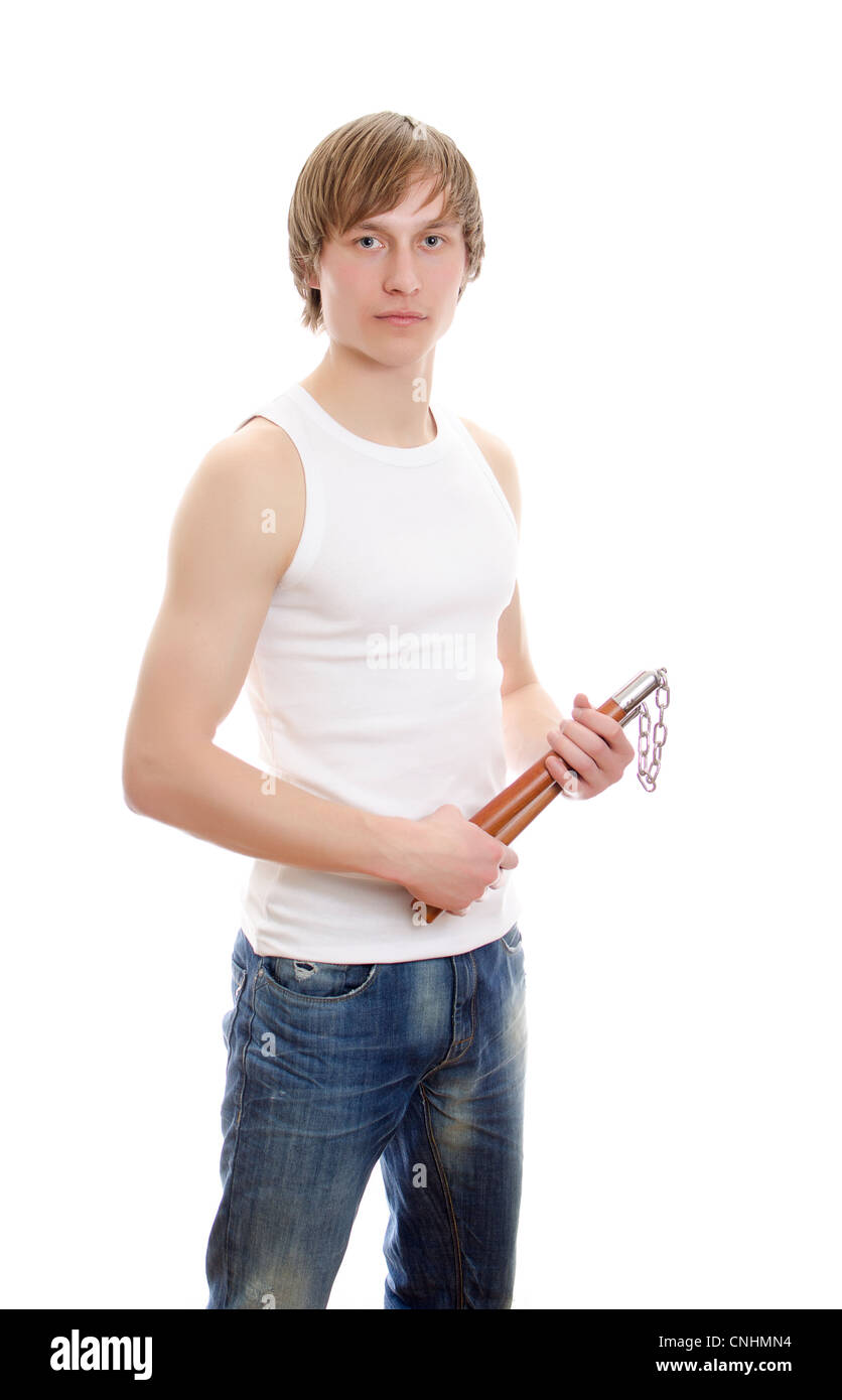 L'art martial Homme avec nunchucks. Isolated over white. Banque D'Images