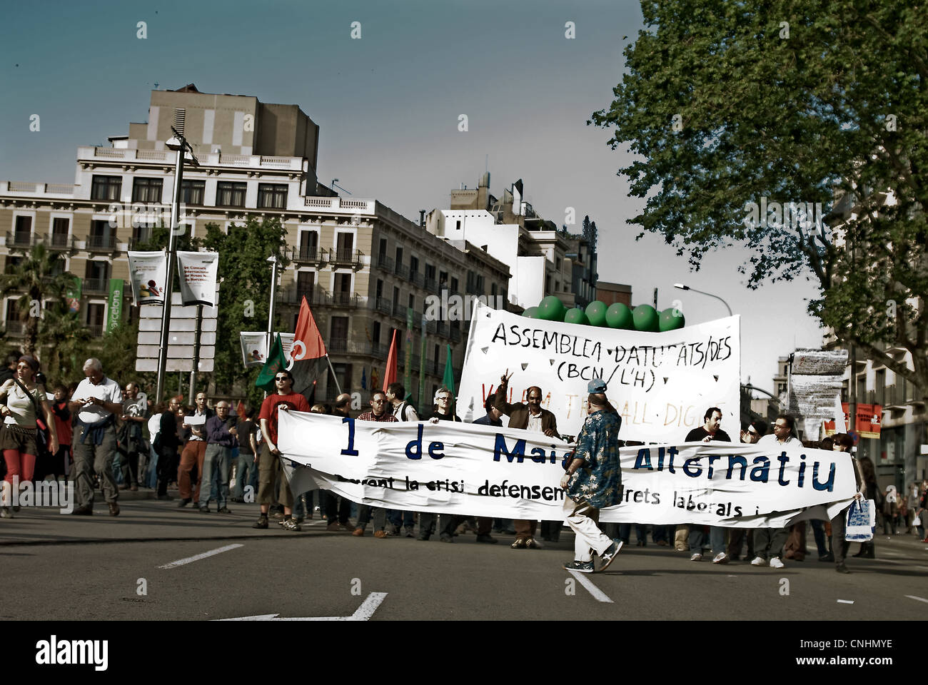 1er mai en protestation contre le capitalisme Barcelona Banque D'Images