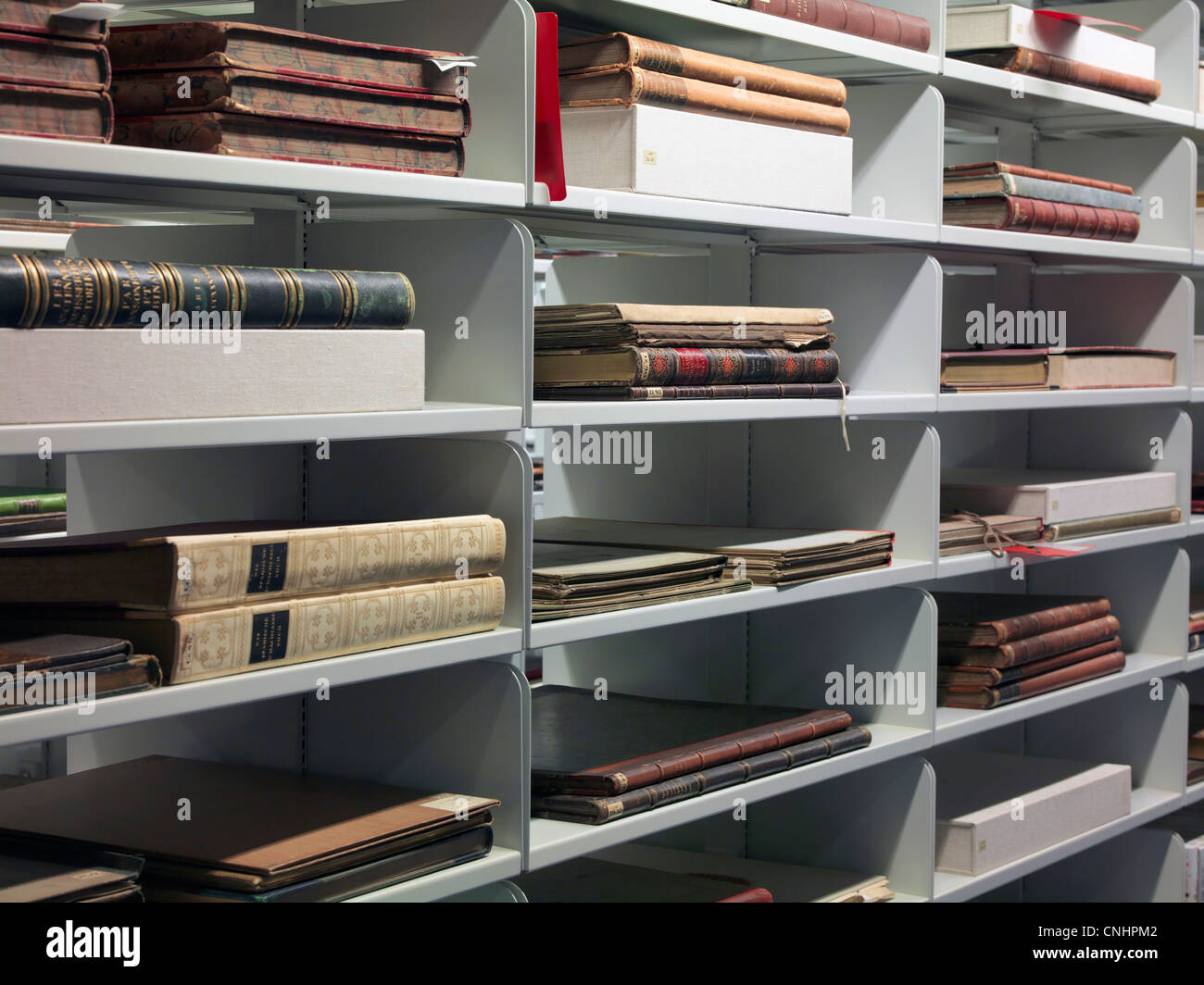 Détail de vieux livres sur des étagères dans une bibliothèque Banque D'Images