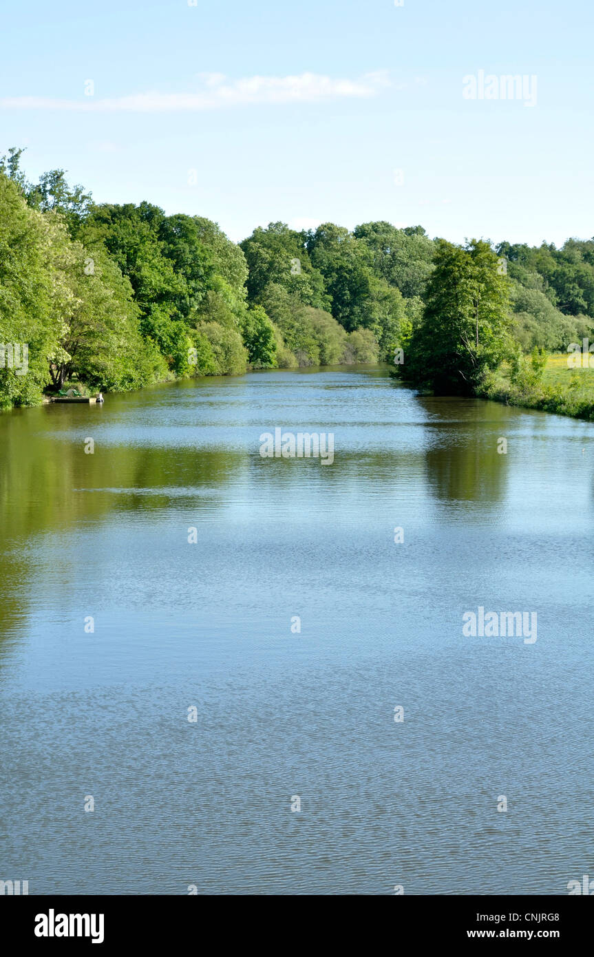 Rivière bordée d'arbres : 'La Mayenne', au printemps (département Mayenne, pays de la Loire, France). Banque D'Images