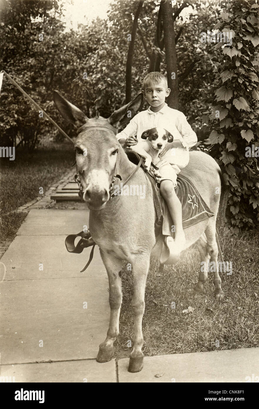 Petit garçon en tenant son chiot sur un tour de poney Banque D'Images