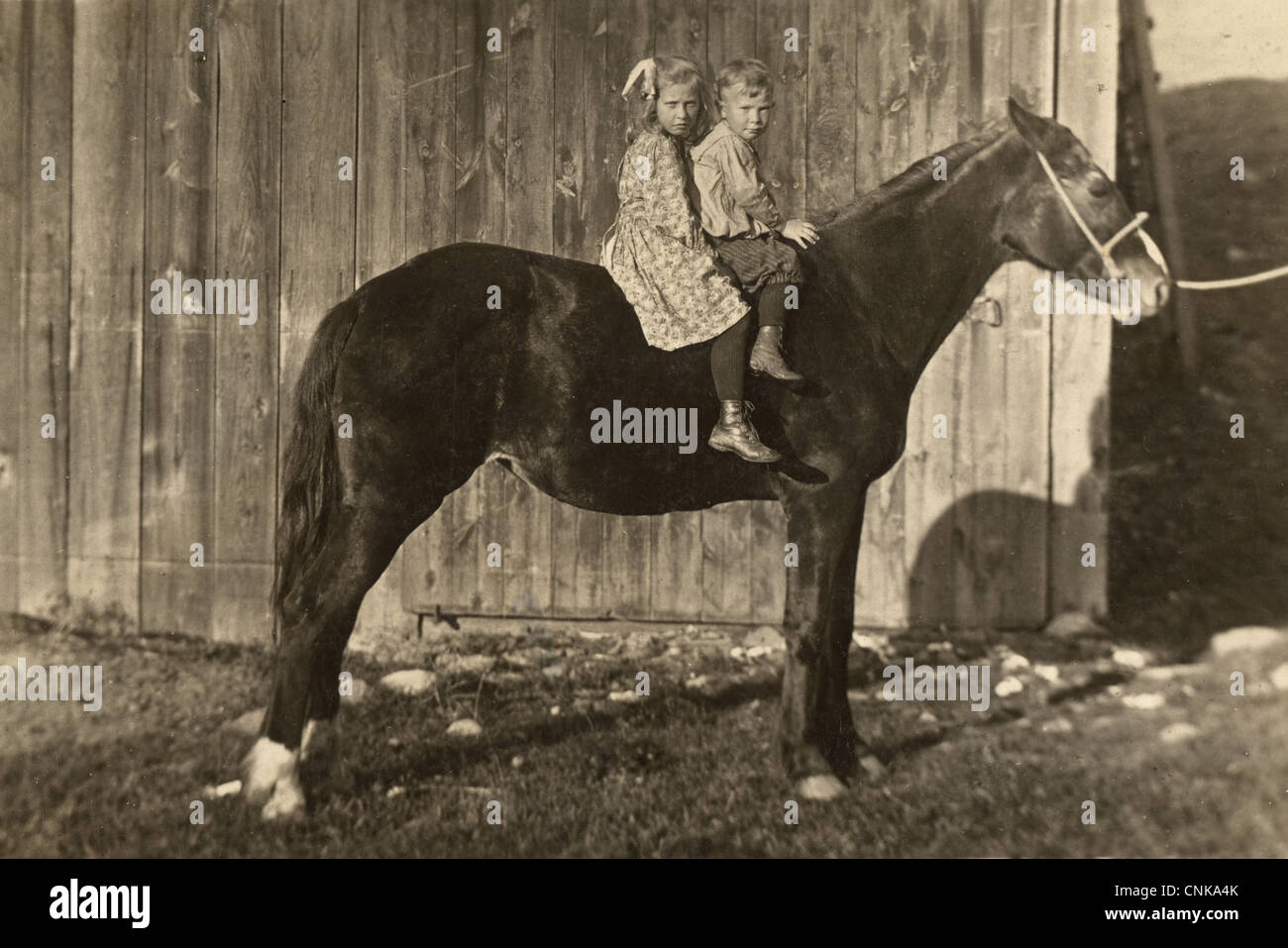 Frère et Sœur équitation un seul cheval à Barn Banque D'Images