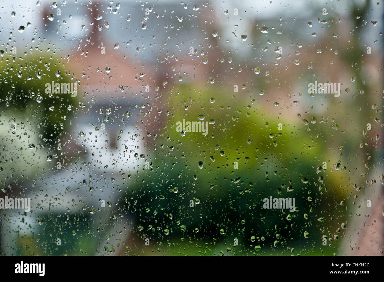 Jour de pluie. Gouttes de pluie sur une fenêtre avec la distance hors focus, England, UK Banque D'Images