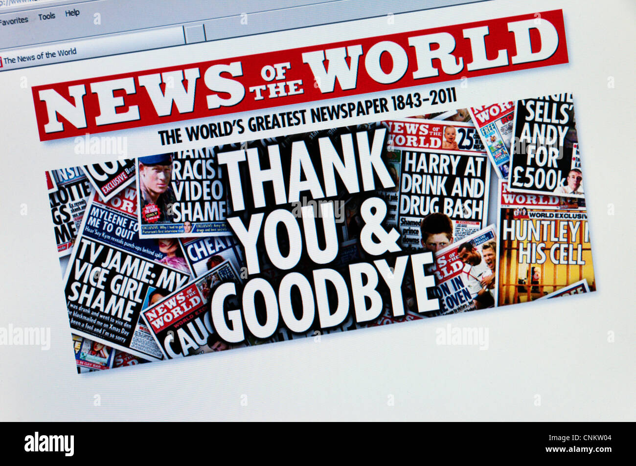 Le message final sur le site web du journal News of the World. Banque D'Images