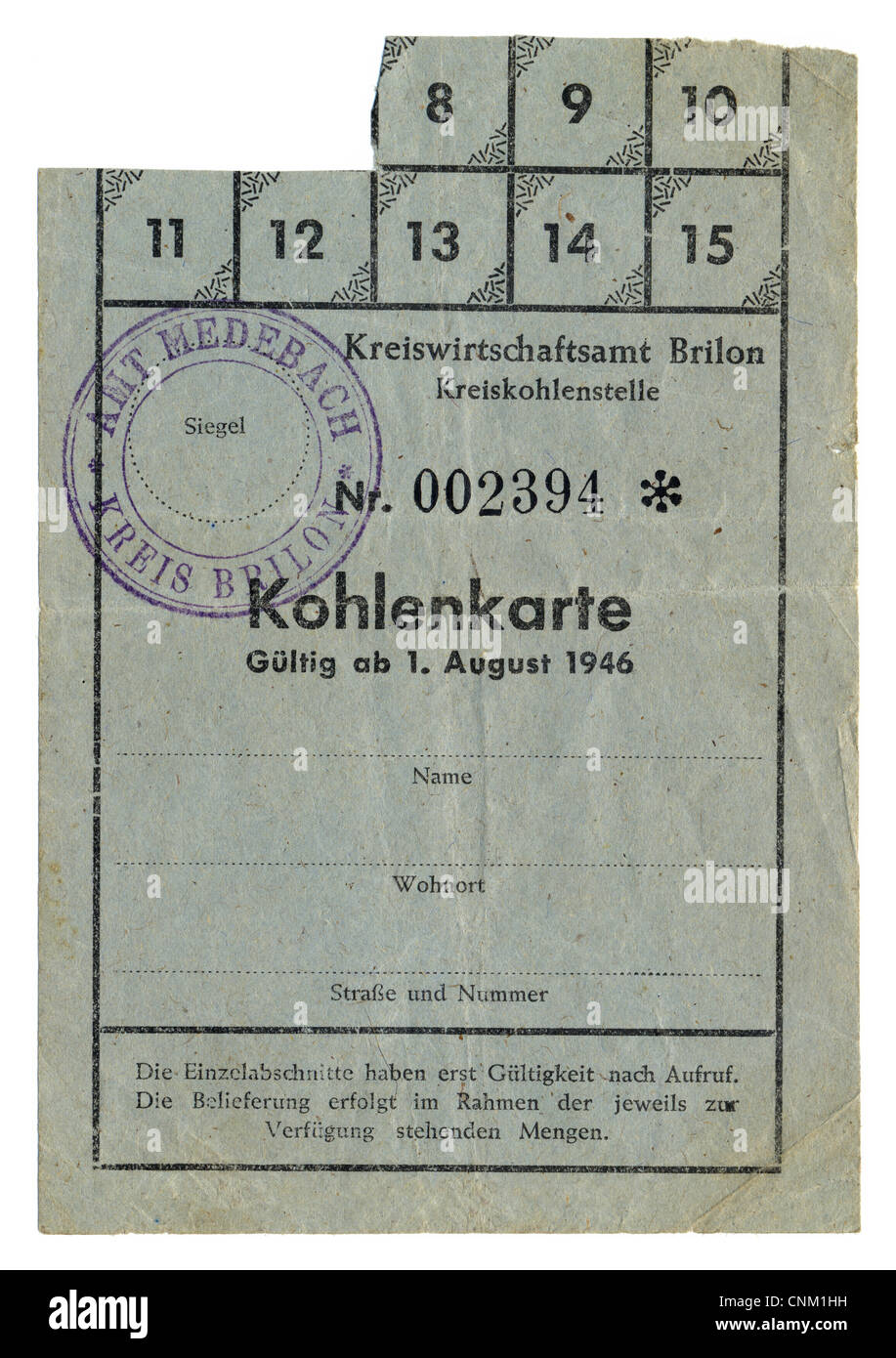 Bon de réduction, carte de ration pour le charbon, 1946, Germany, Europe Banque D'Images