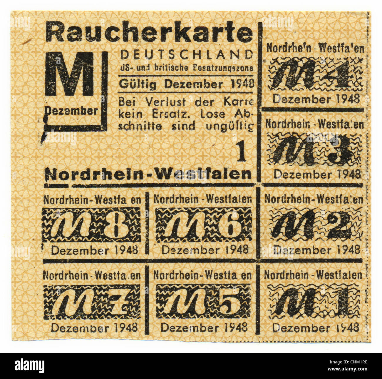 Carte de rationnement du fumeur ,1948 de Rhénanie du Nord-Westphalie, zone occupée par les Américains et Britanniques, l'Allemagne, l'Europe, Banque D'Images