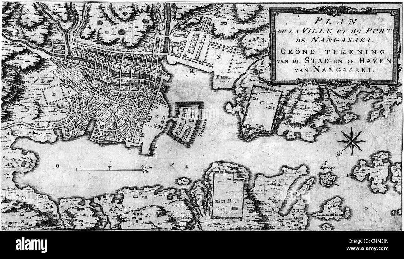 Plan au sol de la ville et port de Nagaski, Japon, vers 1800 Banque D'Images