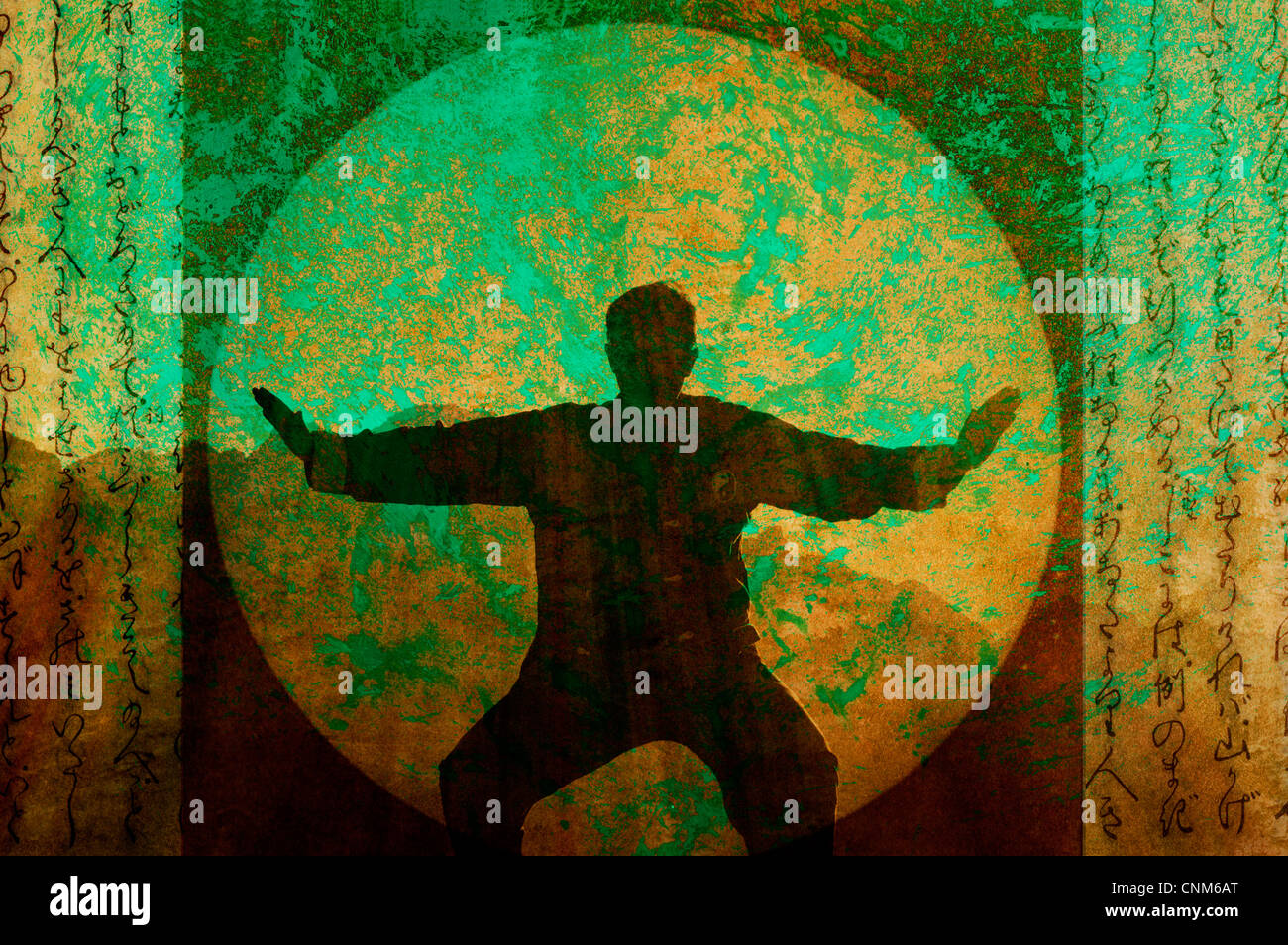 Silhouette d'un homme pratique du Tai Chi dans le désert matin. En fonction Photo illustration moyen mixte. Banque D'Images