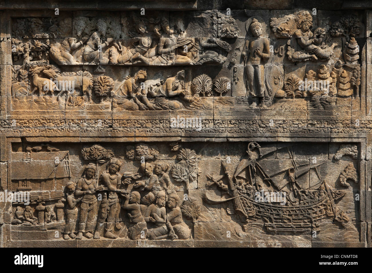 Borobudur ship. Bas-relief en pierre du Temple de Borobudur à Magelang, Central Java, Indonésie. Banque D'Images
