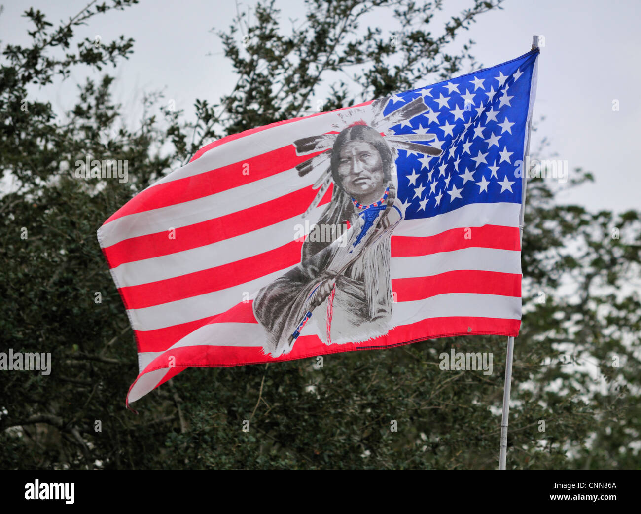 Drapeau américain contenant de l'image d'un volant à l'Ormond Beach Native American Festival, Janvier 2012 Banque D'Images