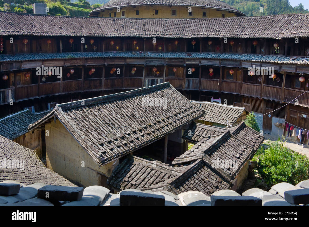 L'intérieur Yuging Tulou dans Chuxi Cluster Tulou, UNESCO World Heritage site, Yongding, Fujian, Chine Banque D'Images