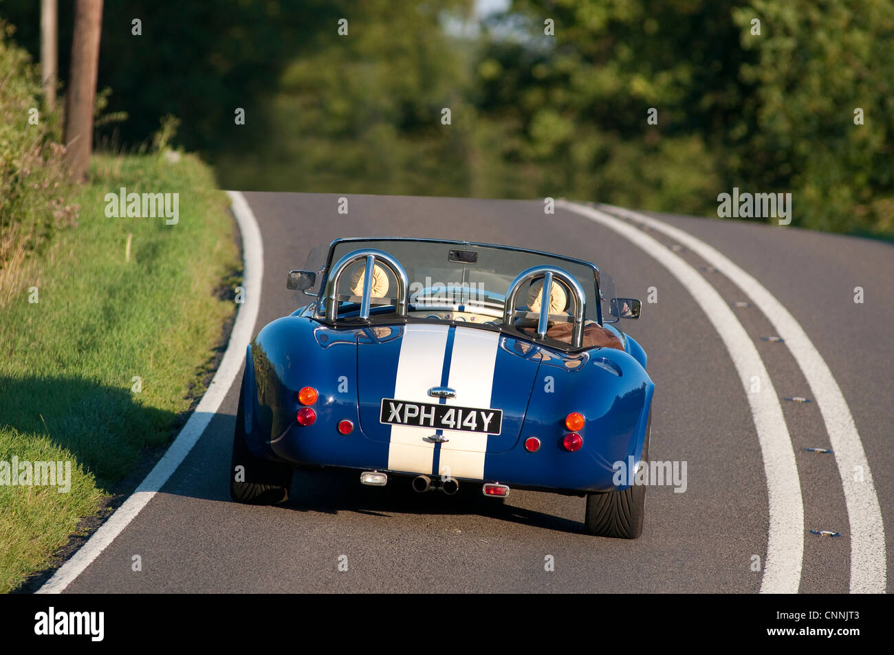 Vue arrière d'une AC Cobra sports car en roulant sur une route anglaise. Banque D'Images