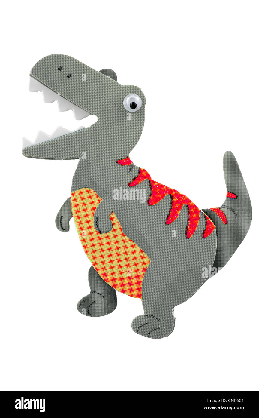 Close up d'un amusement et silly, gris et rouge T-rex dinosaure à yeux couinent sur fond blanc Banque D'Images