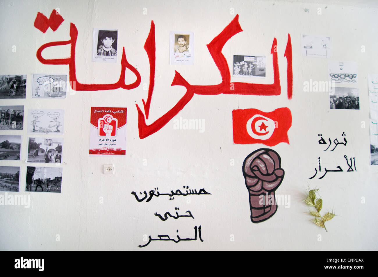 Les jeunes Tunisiens qui participaient à la révolution a organisé une exposition de la révolution dans un club de jeunes. Banque D'Images