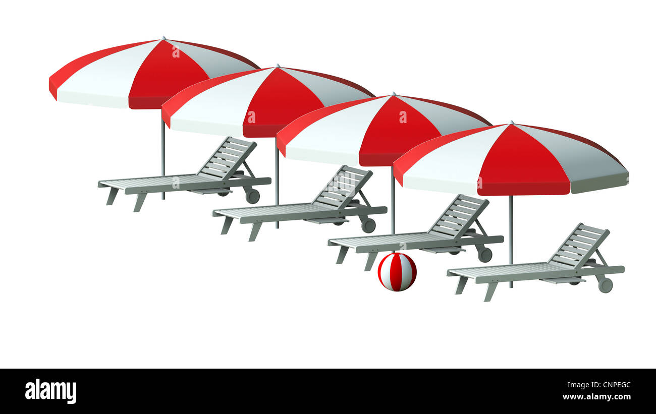 Les chaises longues et parasols blancs sur fond blanc Banque D'Images