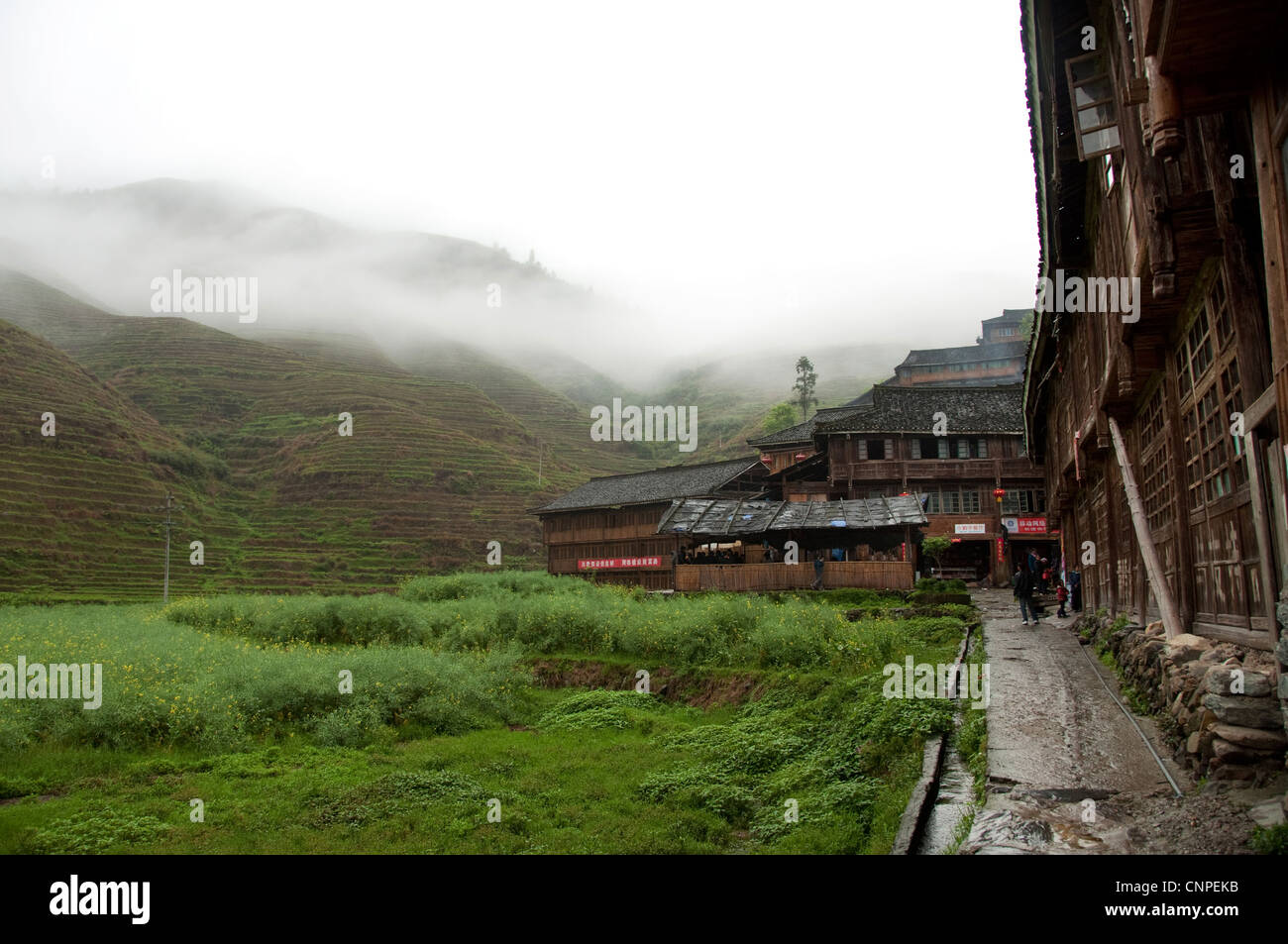 Foggy collines entourant Da Zhai, village du comté de Longsheng Banque D'Images