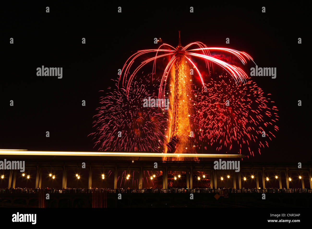 Les Parisiens et les touristes regardant Bastile artifice jour autour de la Tour Eiffel avec au premier plan le pont de Passy à Paris, France. Banque D'Images