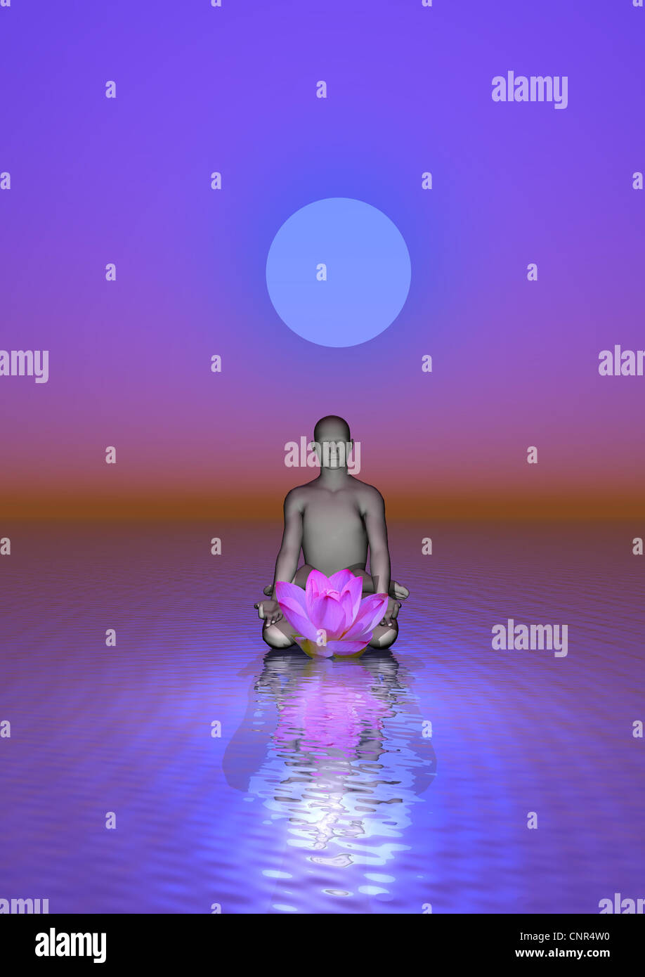 Méditer l'homme en face d'un Bassin aux nymphéas sur l'océan et sous la lune en fond violet Banque D'Images
